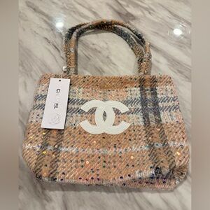 Chanel Beige and pink sequins over Tweed Tote Bag